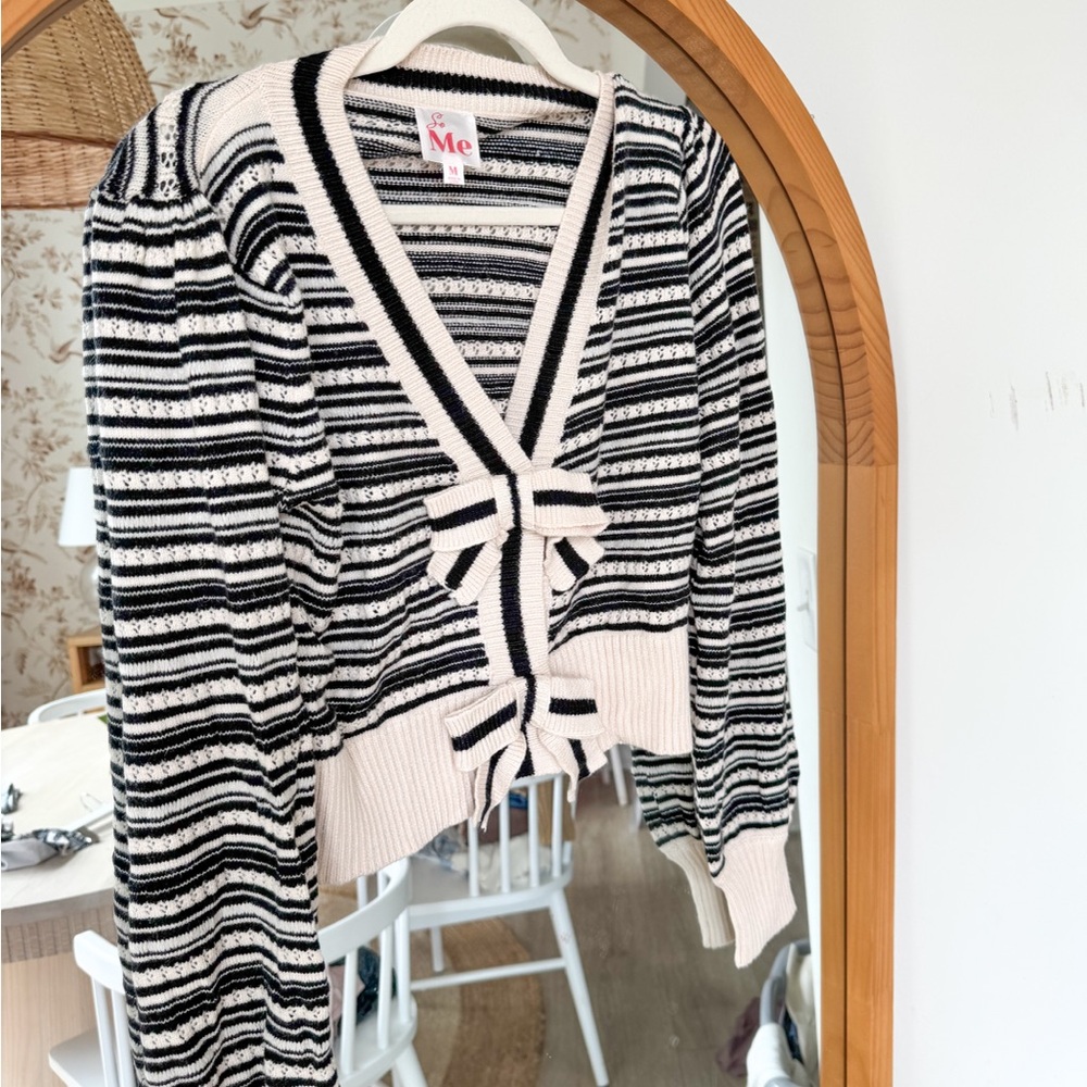 Black and White bow Striped Cardigan